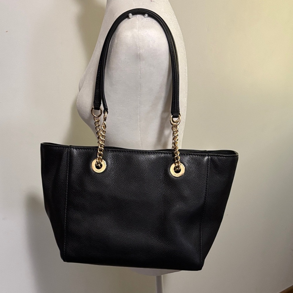 Coach Black Pebbled Leather Tote with Gold Chain Accents - Picture 3 of 4